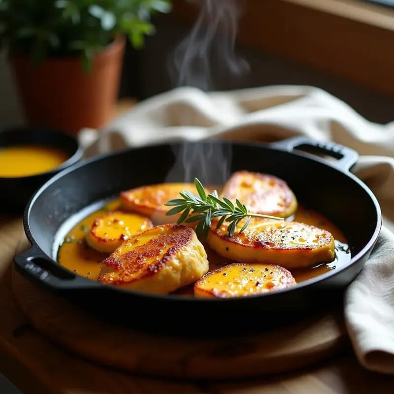 Filetes de Coin de Pollo a la Mostaza y Miel en sartén de hierro, bañados en una salsa dorada y brillante, con hierbas frescas de decoración y un fondo rústico de cocina francesa.