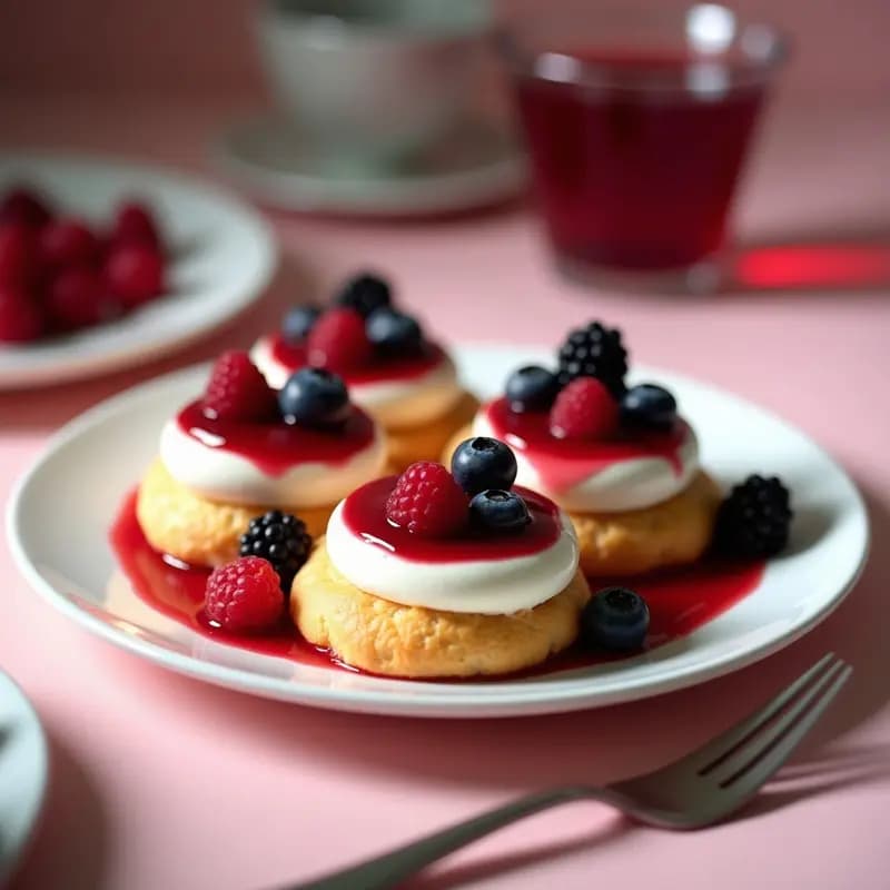 Conchas de choux doradas y esponjosas rellenas de crema diplomática sedosa, coronadas con frutos rojos frescos y brillantes. Postre francés elegante en bandeja de porcelana blanca.