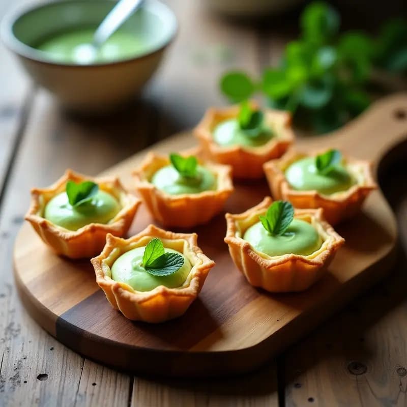 Plato de porcelana blanca con conchas doradas de masa filo rellenas de crema de guisantes verde brillante, decoradas con hojas de menta fresca y semillas de sésamo negro. Receta francesa vegana con toque de mentolado, servida sobre un mantel rústico con luz natural suave.