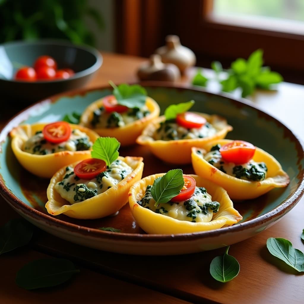 Conchas rellenas de espinacas, champiñones y queso vegano en bandeja de horno, doradas por fuera con relleno cremoso. Decoradas con tomates cherry y cilantro fresco. Receta mexicana en Thermomix.