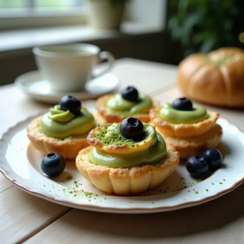 Conchas de hojaldre doradas y laminadas, rellenas de crema de matcha verde pálido y coronadas con arándanos silvestres morados, sobre un plato blanco rústico con fondo de madera clara. Desayuno francés keto elegante.