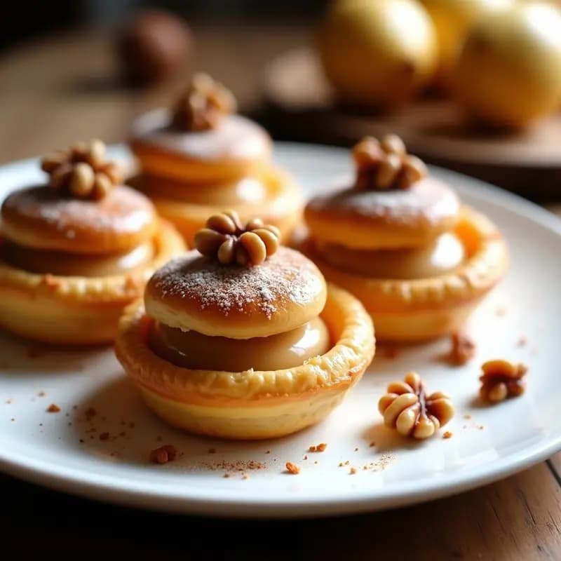 Conchas de hojaldre doradas y crujientes rellenas de crema de dulce de leche y nueces, espolvoreadas con azúcar glass, sobre un plato blanco rústico con fondo borroso de cocina francesa elegante.