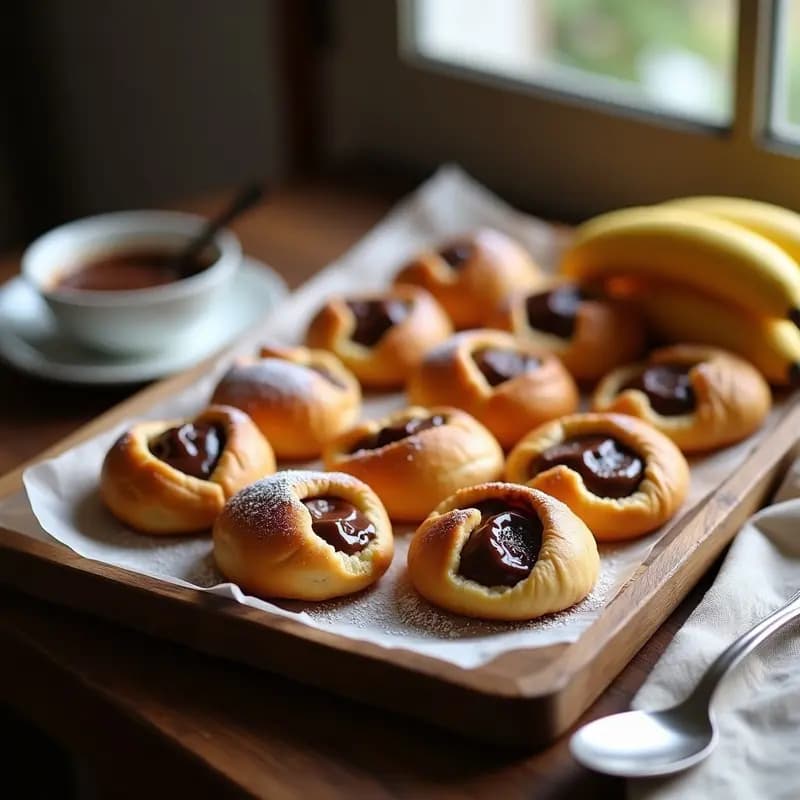 Conchas de pan brioche doradas y esponjosas con relleno visible de Nutella y plátano caramelizado, espolvoreadas con azúcar glass sobre una bandeja de madera rústica, desayuno francés indulgente.