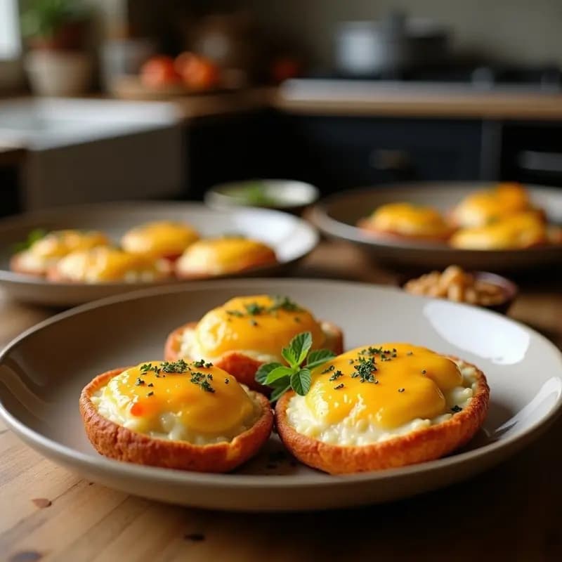 Conchas doradas de hojaldre rellenas de una cremosa mezcla de queso de cabra, higos frescos y nueces, decoradas con láminas de higo, miel y tomillo. Tapa española gourmet servida en bandeja de madera.