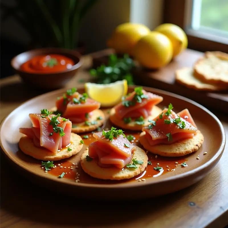 Aperitivo tunecino de conchas de tuna al ajillo servidas sobre triángulos dorados de pan de pita, con semillas de sésamo y perejil fresco, en un plato rústico de madera con rodajas de limón al lado.