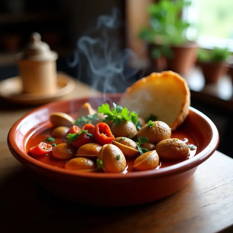 Cazuela de barro con conchas a la vizcaína, bañadas en una salsa espesa de pimientos choriceros, acompañadas de perejil fresco y pan rústico.