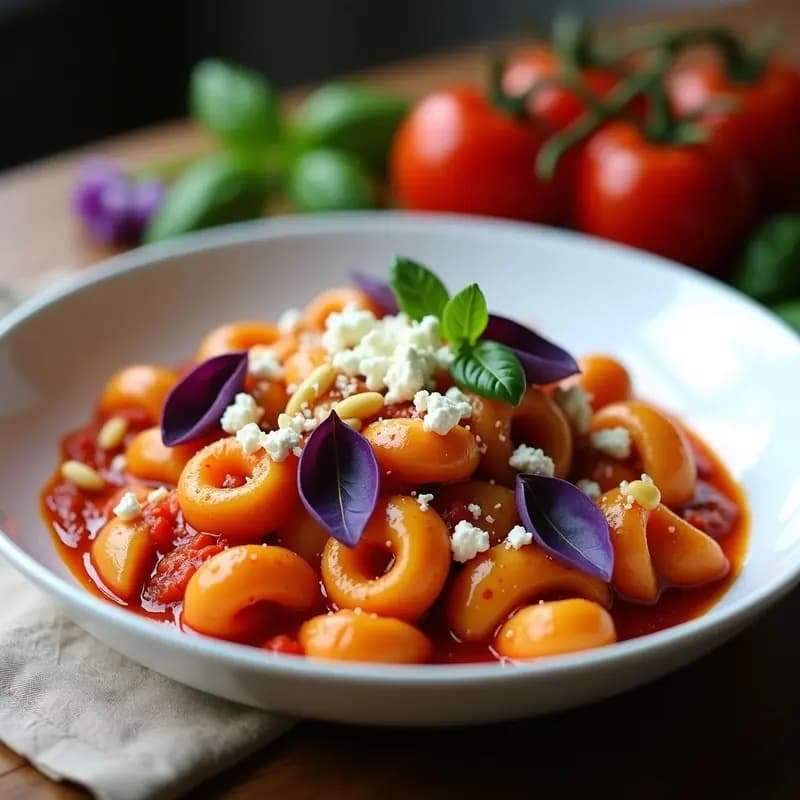 Plato hondo blanco con conchiglie al pomodoro, salsa de tomate fresca, albahaca morada vibrante, queso de cabra desmenuzado y piñones tostados, decorado con hojas de albahaca verde y un hilo de aceite de oliva.