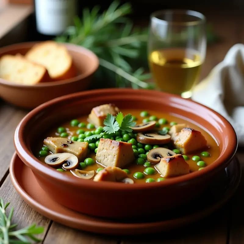 Plato hondo de barro con conejo al ajillo con setas y guisantes, bañado en una salsa dorada y espesa, acompañado de pan rústico y perejil fresco espolvoreado. Receta tradicional valenciana de monte en olla rápida.