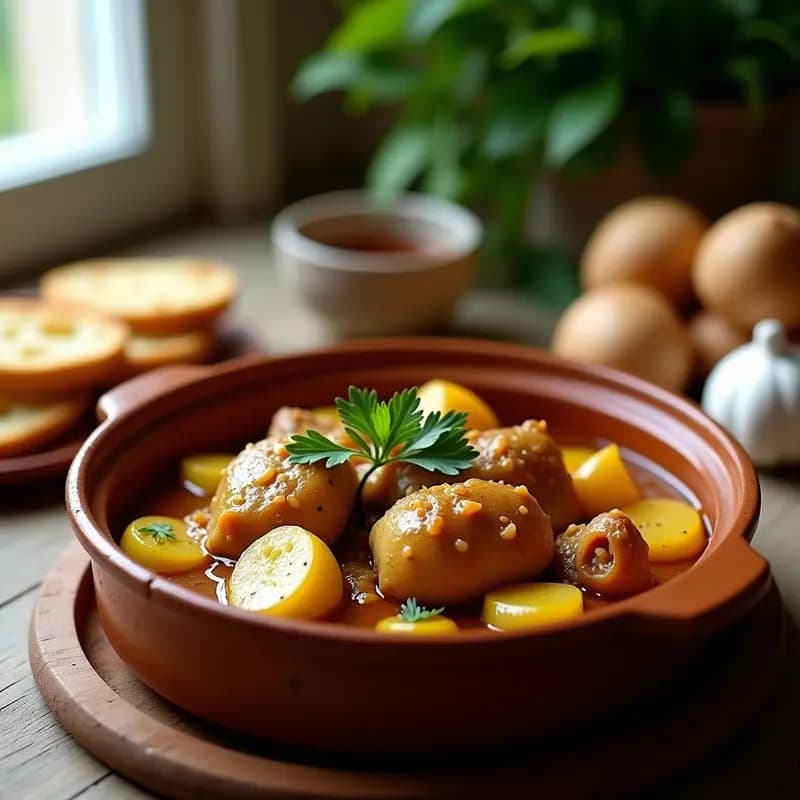 Cazuela de barro con conejo al ajillo granadino, trozos de conejo dorados bañados en salsa espesa con ajos enteros y rodajas de patata. Decorado con perejil fresco y servido en mesa rústica.