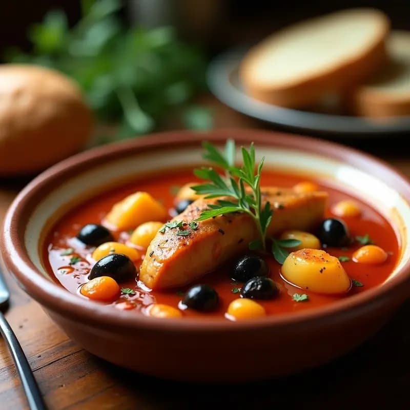 Plato hondo de barro con guiso de conejo a la caza, trozos de carne dorada bañados en salsa espesa de tomate y aceitunas verdes, acompañado de pan rústico y hierbas frescas.
