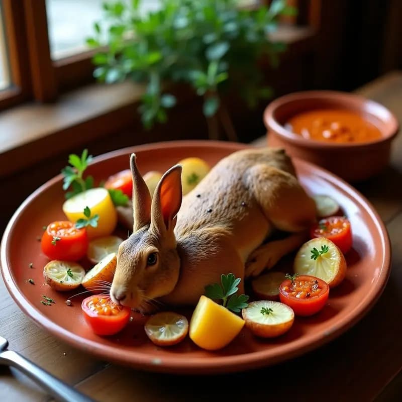 Conejo al horno dorado en bandeja rústica con patatas, cebolla y tomate asados, acompañado de salsa romesco espesa en cuenco de barro, receta catalana tradicional.