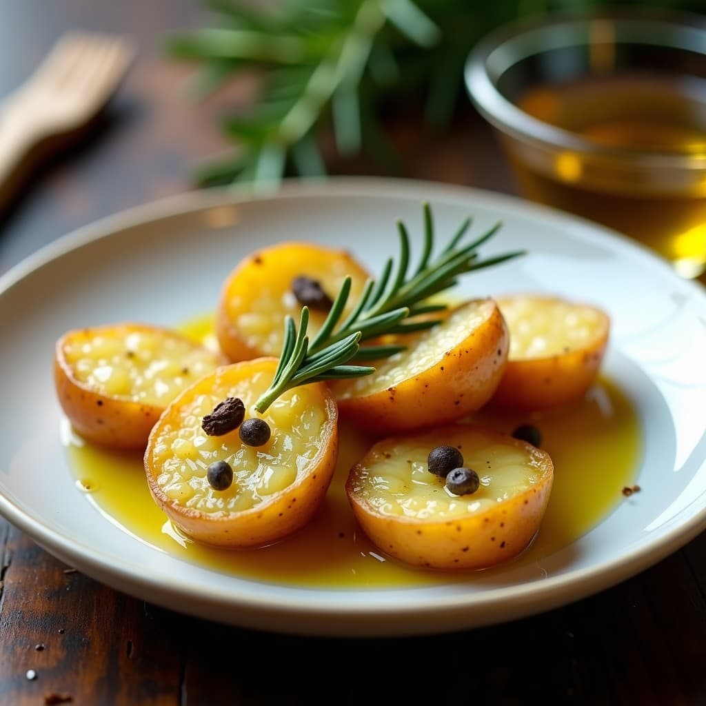 Plato blanco rústico con confit de patatas camperas doradas, bañadas en aceite de oliva virgen extra aromatizado con romero y ajo, servidas con una ramita de romero fresco. Receta española keto en olla lenta.