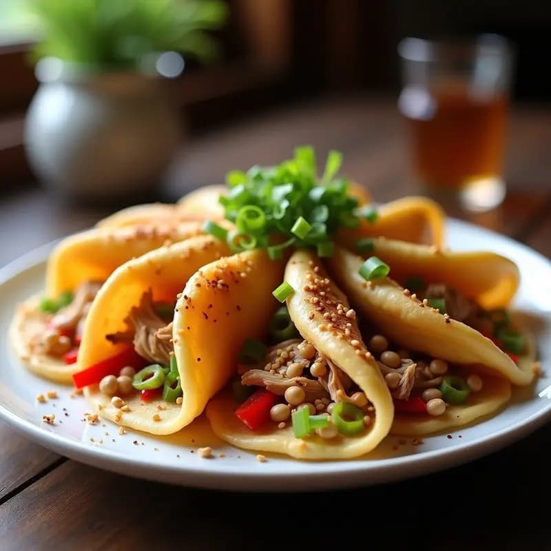 Plato de Cong You Bing dorados y crujientes rellenos de pollo salteado con cacahuetes, cebollino fresco y pimienta de Sichuan, servidos en un plato de cerámica blanca sobre fondo de madera oscura.