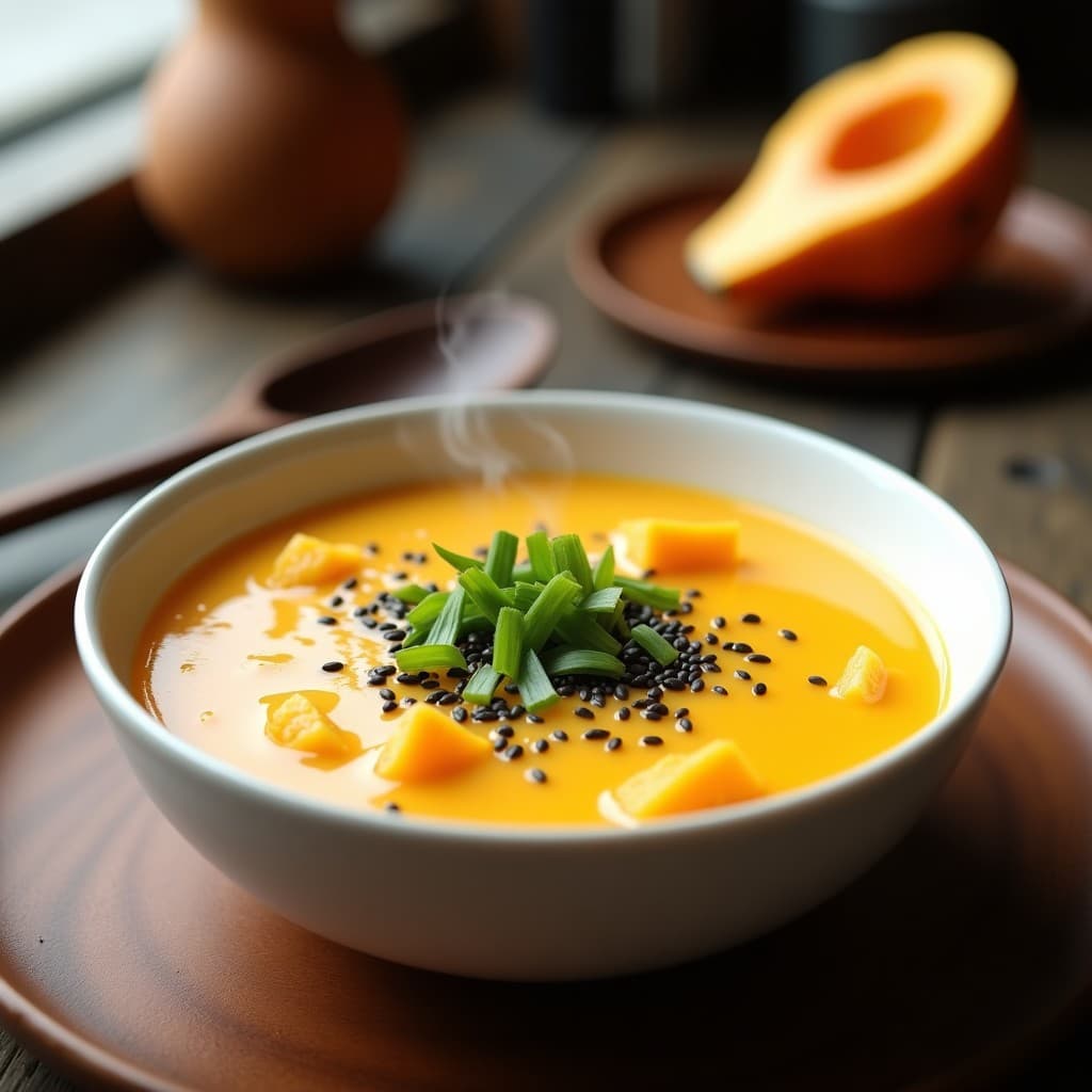 Bowl hondo de cerámica blanca con congee cremoso de color naranja claro, trozos de calabaza kabocha, semillas de sésamo negro y cebollino picado. Fondo con textura de madera rústica y cucharón de madera.