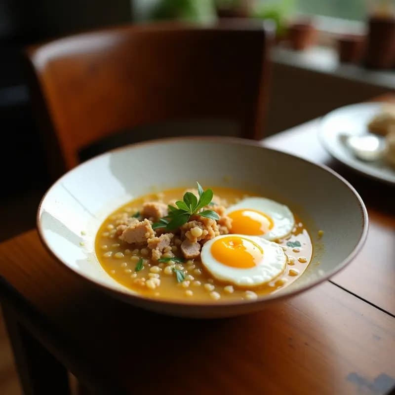 Bowl hondo de cerámica oscura con congee cremoso de color dorado por la cúrcuma, trozos de pollo tierno, huevos escabechados cortados por la mitad mostrando yema amarilla y blanca, decorado con cilantro fresco, semillas de sésamo negro y un hilo de aceite de sésamo. Plato de desayuno chino antiinflamatorio.