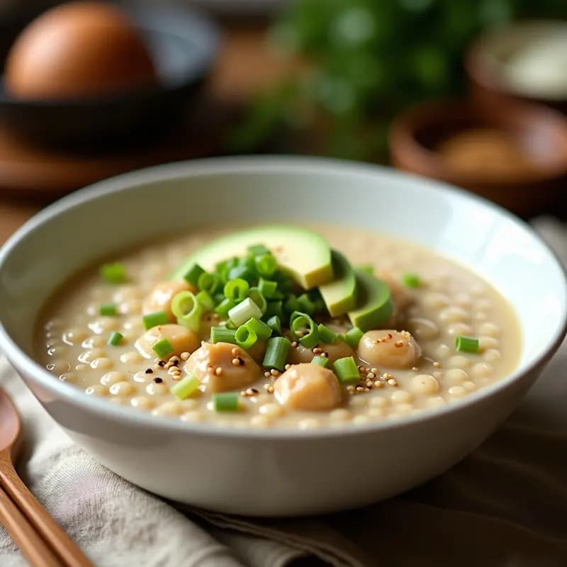 Cuenco hondo de cerámica blanca con congee de jengibre y pollo, textura cremosa y color beige claro, decorado con rodajas de cebollino verde, semillas de sésamo tostadas y trozos de aguacate. Fondo borroso con mantel de lino y cuchara de madera.