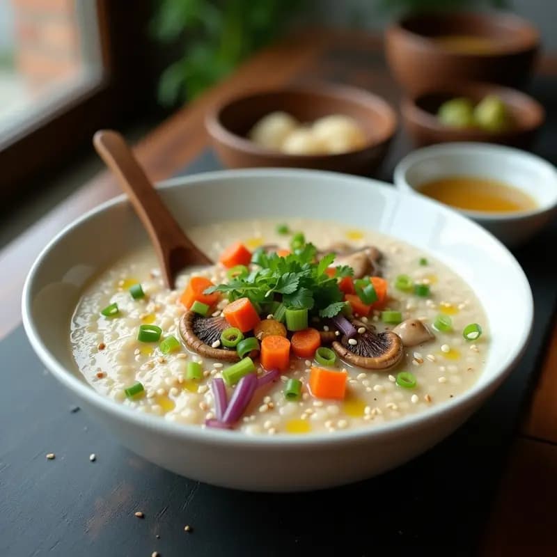 Cuenco hondo de cerámica blanca con congee de quinoa y jengibre, decorado con cebollino picado, semillas de sésamo y un chorrito de aceite de sésamo. Fondo rústico con una cuchara de madera y trozos de jengibre fresco al lado.