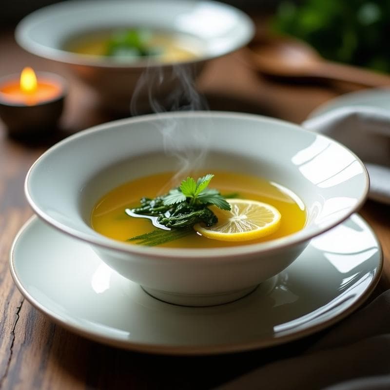 Tazón blanco de cerámica con consomé de hongos y algas wakame, sopa detox japonesa transparente con trozos de algas verdes hidratadas, decorado con una rodaja de limón y hojas de cilantro. Fondo de madera rústica con velas y utensilios de cocina tradicionales.