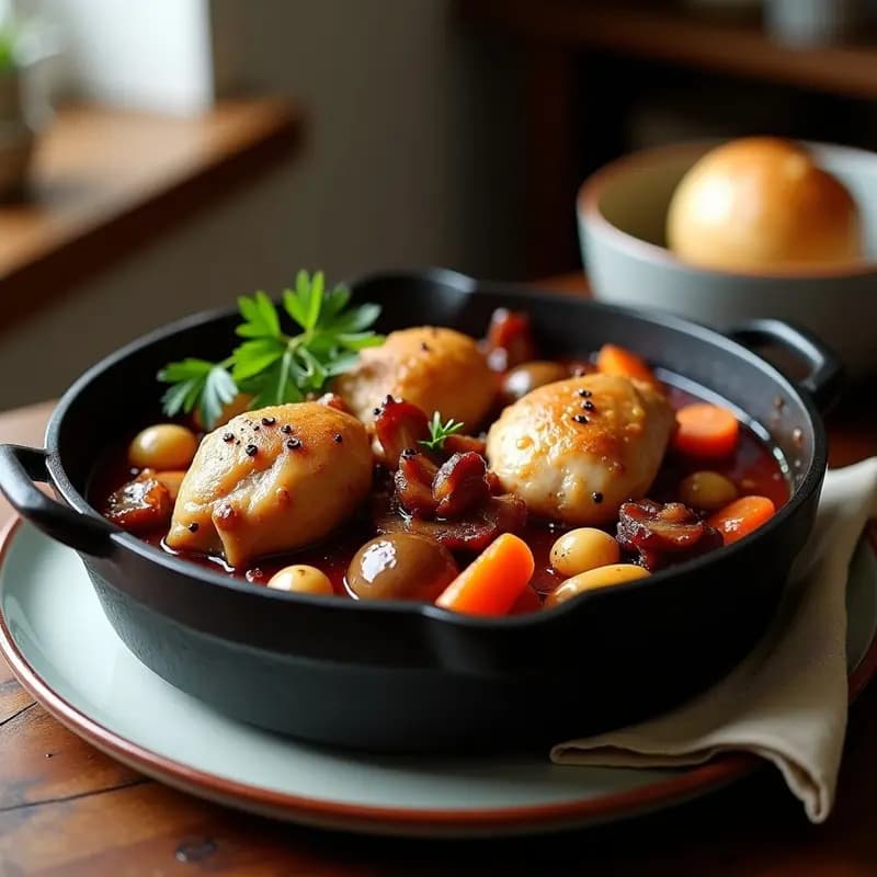 Plato hondo de barro con Coq au Vin francés: pollo dorado en salsa de vino tinto oscura, hongos portobello, cebollitas perlitas y zanahorias baby, decorado con perejil fresco y croûtons dorados.