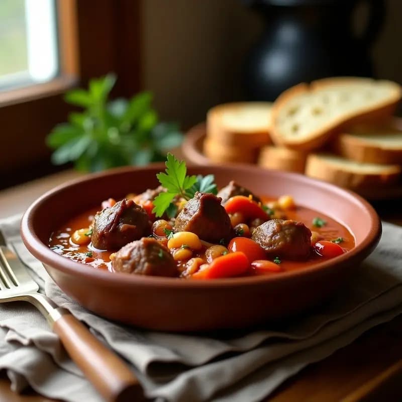 Plato hondo de barro con cordero al chilindrón, trozos tiernos de carne en salsa espesa de tomate, pimientos rojos asados y patatas. Decorado con perejil fresco y rebanadas de pan rústico.