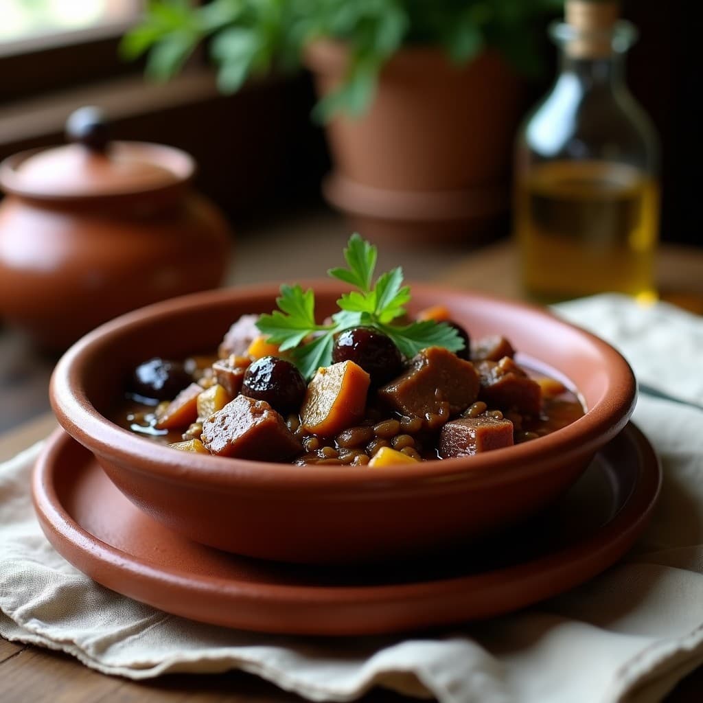 Plato hondo de barro con cordero al chilindrón y ciruelas pasas, salsa espesa y oscura, trozos de carne tierna y ciruelas brillantes, decorado con perejil fresco sobre fondo rústico de madera.