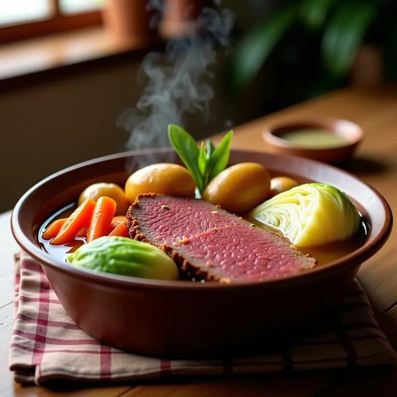 Plato hondo de barro con corned beef irlandés en rodajas gruesas, acompañado de repollo verde tierno, patatas doradas y zanahorias. El plato está bañado en un caldo ligero y decorado con hojas de laurel, sobre una mesa rústica de madera con un mantel a cuadros.
