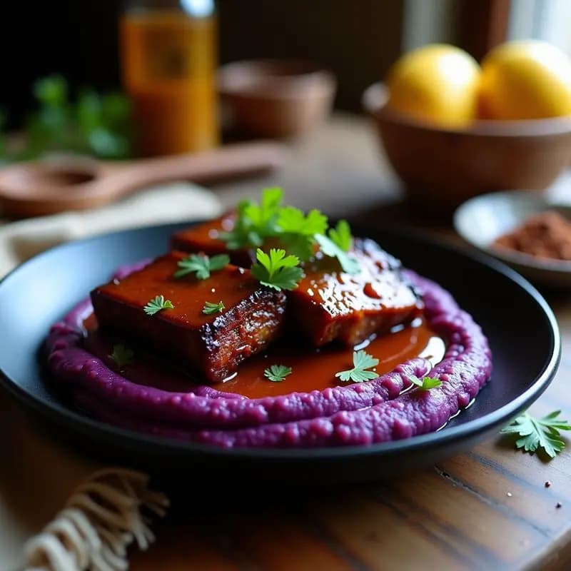 Plato hondo de barro negro con costillas de cerdo BBQ glaseadas con salsa brillante de mango habanero, servidas sobre un puré cremoso de camote morado violeta, decorado con hojas de cilantro fresco y un chorrito extra de salsa. Fondos desenfocados de especias y utensilios de cocina rústicos.