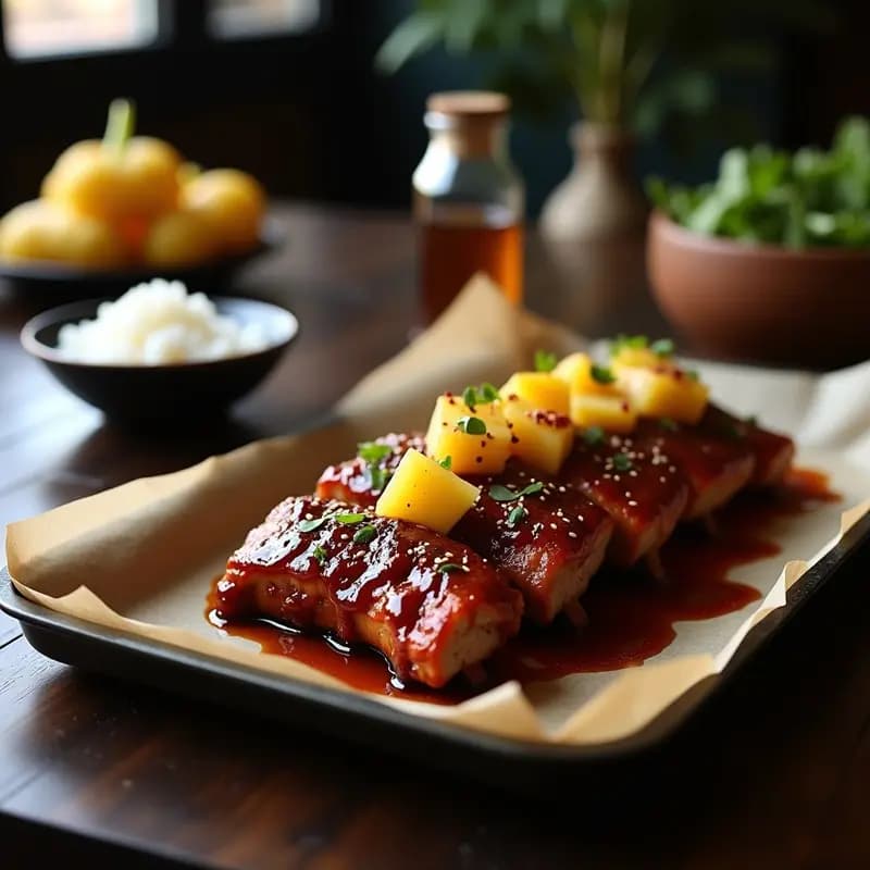 Bandeja de costillas de cerdo al horno glaseadas con salsa teriyaki brillante, cubiertas de trozos de piña caramelizada y espolvoreadas con semillas de sésamo, servidas sobre papel de horno con un fondo rústico.