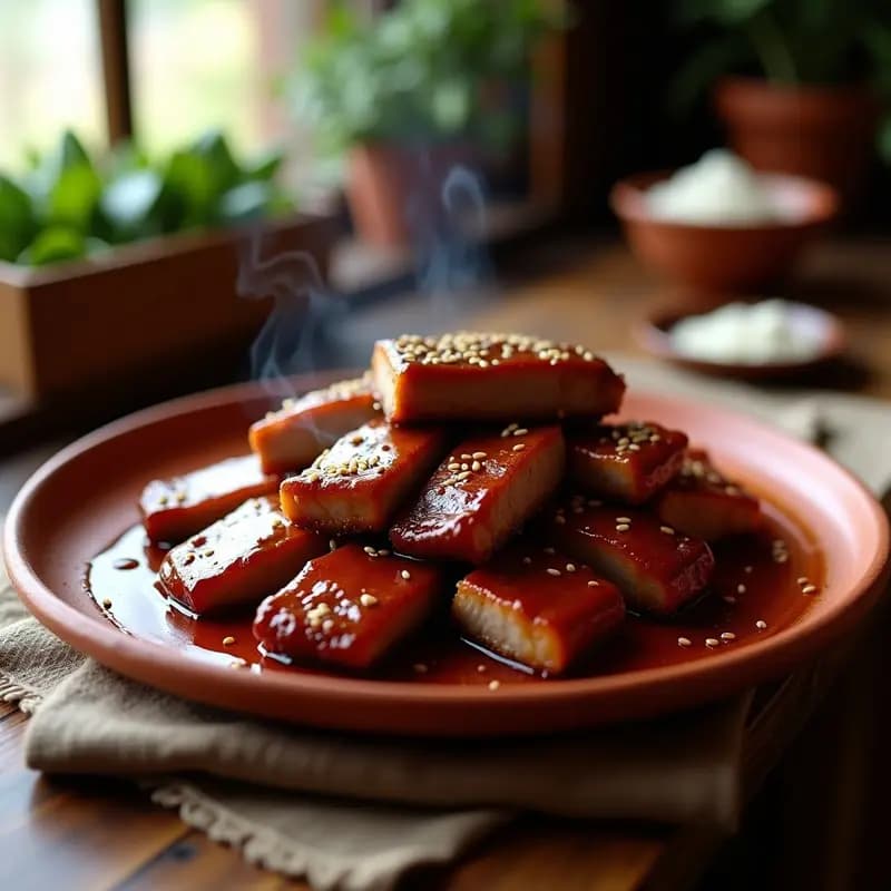 Costillas de cerdo glaseadas con miel y salsa teriyaki en olla lenta, brillantes y jugosas, servidas en fuente de barro con semillas de sésamo espolvoreadas.