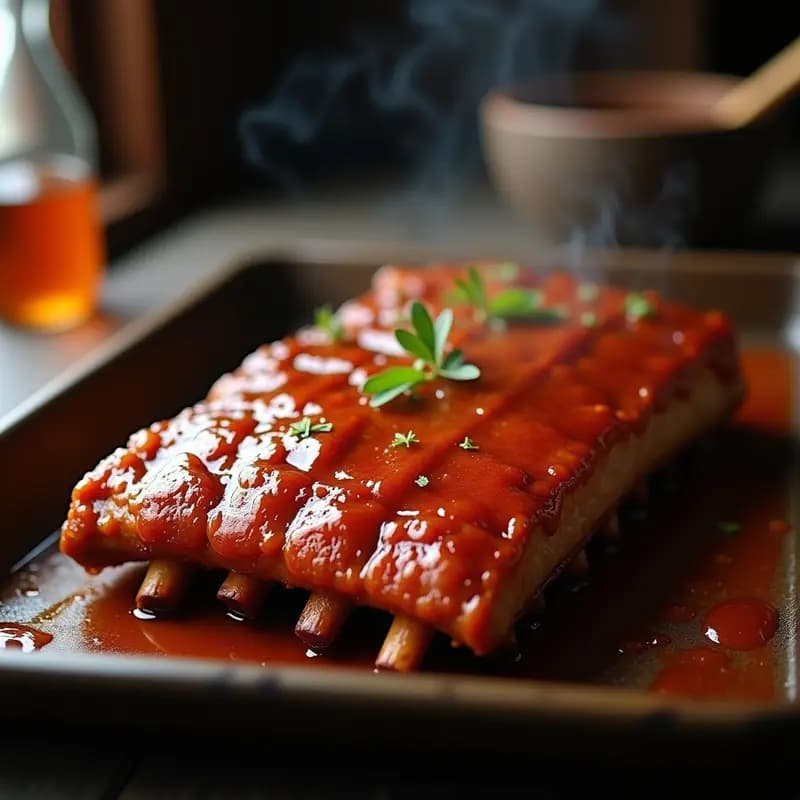 Bandeja de costillas de cerdo glaseadas con miel y salsa teriyaki, doradas y brillantes, con vetas de caramelo oscuro y trozos de mantequilla derretida. Fondos de jugo espeso en la bandeja de horno.