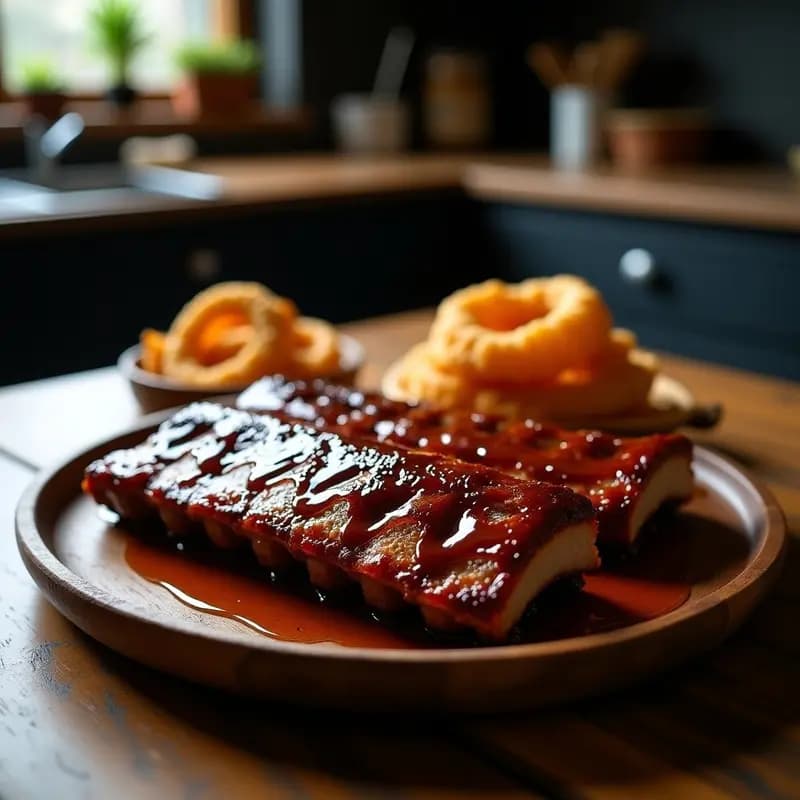 Costillas de cerdo doradas y brillantes bañadas en una salsa teriyaki y miel espesa, servidas en una bandeja de madera con aros de cebolla crujientes y dorados, espolvoreadas con semillas de sésamo. Plato de comida japonesa-americana hipercalórica.