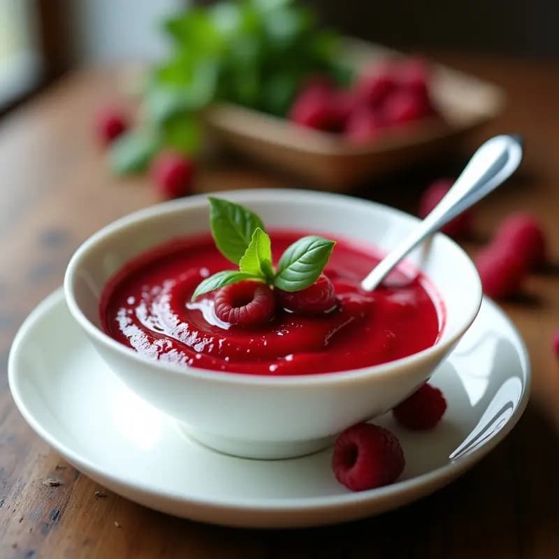 Coulis de frambuesas y albahaca en un cuenco de porcelana blanca, con textura brillante y color rojo intenso, decorado con hojas de albahaca fresca y semillas de chía. Salsa francesa dulce para postres o helados, servida junto a una cuchara de plata.