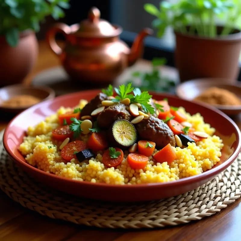 Plato hondo de barro con couscous esponjoso, trozos de cordero dorado y verduras (zanahoria, calabacín y berenjena) bañadas en una salsa especiada con ras el hanout. Decorado con almendras tostadas, pasas y hierbas frescas como perejil y menta. Receta marroquí tradicional en una sola olla.