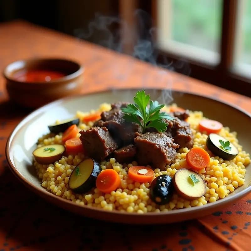 Plato tradicional magrebí de couscous integral con trozos tiernos de cordero especiado, verduras al vapor (zanahoria, calabacín y nabo) y salsa de harissa. Acompañado de caldo reducido con miel y limón confitado, decorado con hojas de menta fresca.