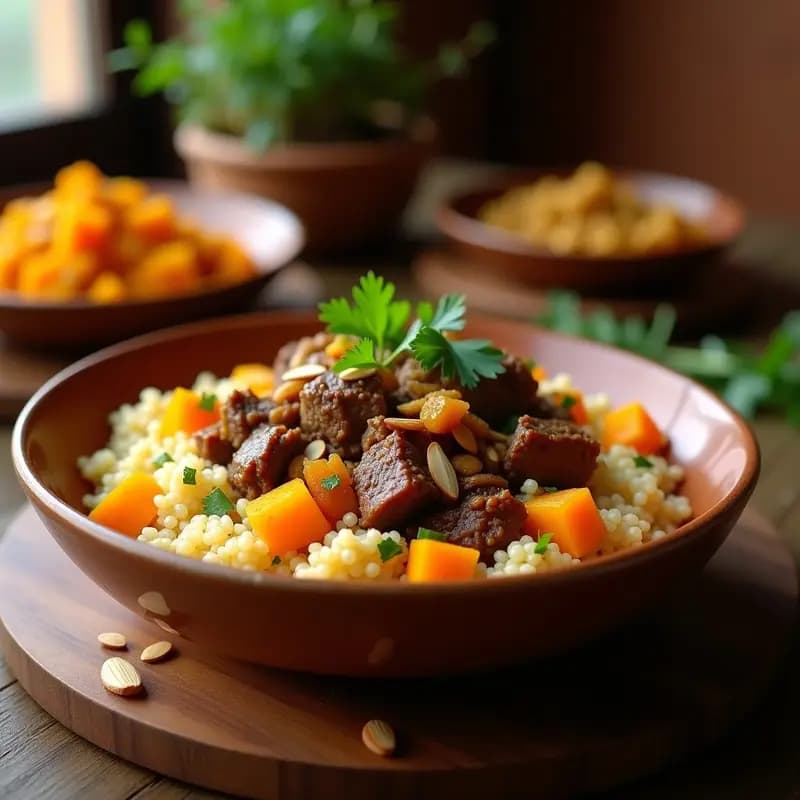 Plato hondo de barro repleto de couscous de espelta con trozos tiernos de cordero estofado, cubos de calabaza butternut, pera en dados y pasas rubias, coronado con almendras fileteadas doradas y cilantro fresco. Receta magrebí tradicional en olla lenta.