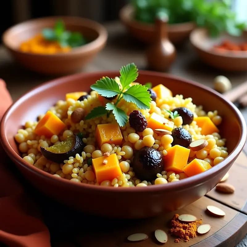 Plato hondo de barro con couscous marroquí vegano, garbanzos dorados, trozos de calabaza y berenjena, decorado con almendras tostadas, pasas y cilantro fresco. Fondo rústico con especias y texturas vibrante.