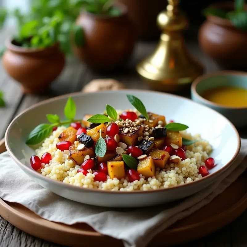 Plato hondo de barro con couscous de quinoa esponjosa, cubos de berenjena asada dorada, semillas de granado rojas vibrantes y almendras tostadas. Decorado con perejil fresco y un toque de zaatar. Receta libanesa keto y alta en fibra.