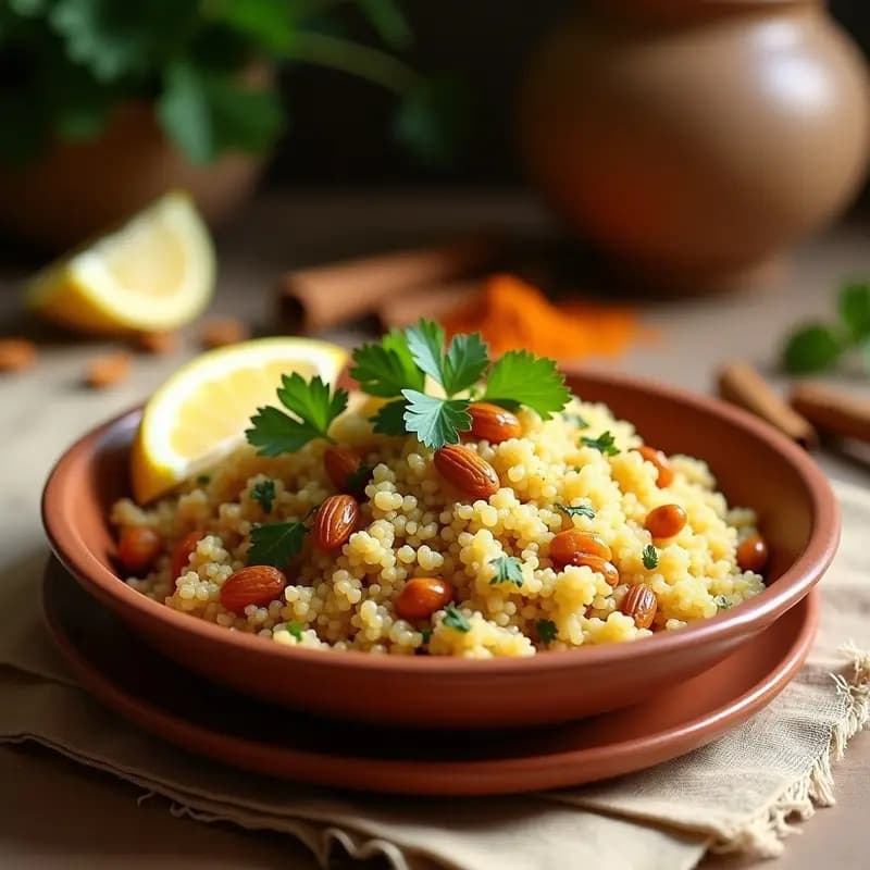 Plato hondo de barro con couscous de quinoa esponjosa, pasas doradas y almendras tostadas crujientes, decorado con perejil fresco y especias marroquíes al fondo.