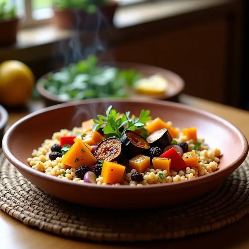 Plato hondo de barro con couscous de trigo sarraceno esponjoso, verduras asadas doradas (calabaza, berenjena, pimiento y zanahoria), almendras fileteadas tostadas y cilantro fresco, decorado con hebras de azafrán y aderezo de dátiles y limón. Receta norteafricana sin gluten.