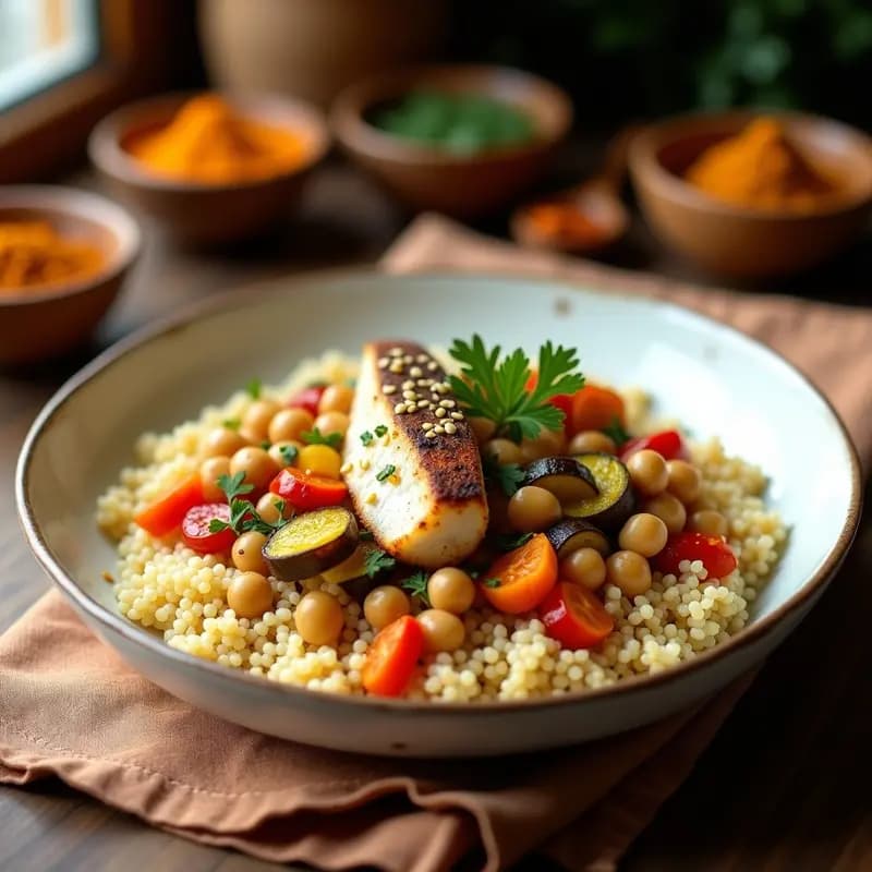 Plato hondo de cerámica blanca con couscous de verduras con garbanzos y merluza al vapor, decorado con perejil fresco y semillas de sésamo, servido sobre un mantel rústico con especias marroquíes al fondo.