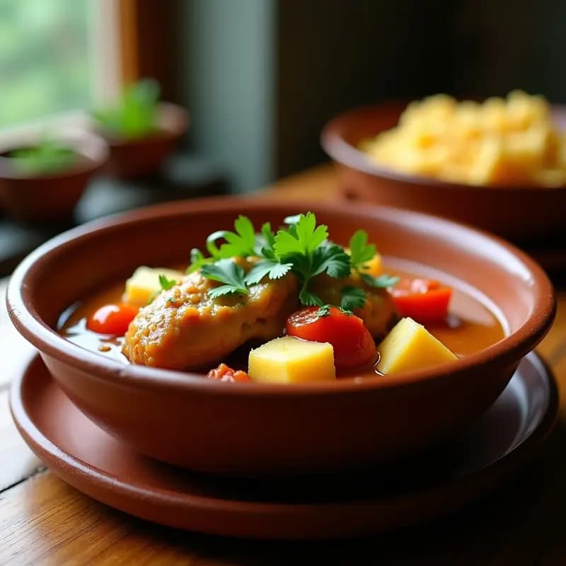 Plato hondo de barro con Coxidinho de Frango: guiso brasileño de pollo en trozos tiernos, yuca dorada en cubos, huevo picado y aceitunas verdes, bañado en una salsa cremosa de coco y cilantro fresco, servido sobre un fondo rústico de madera.