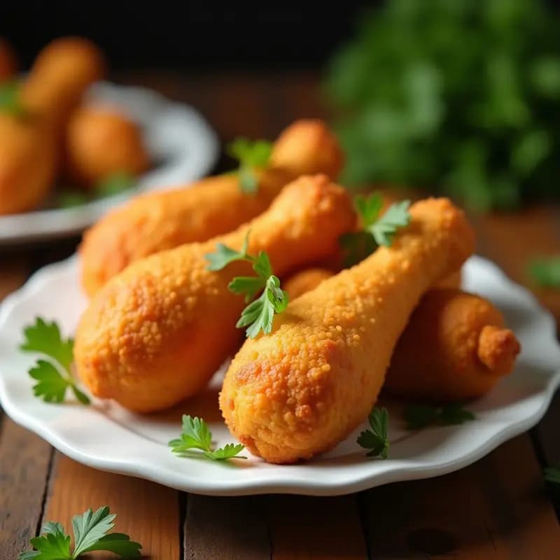 Plato blanco con Coxinha Brasileira de Pollo Desmenuzado, croquetas doradas en forma de muslo, crujientes por fuera y jugosas por dentro, servidas sobre papel absorbente con hojas de perejil fresco.