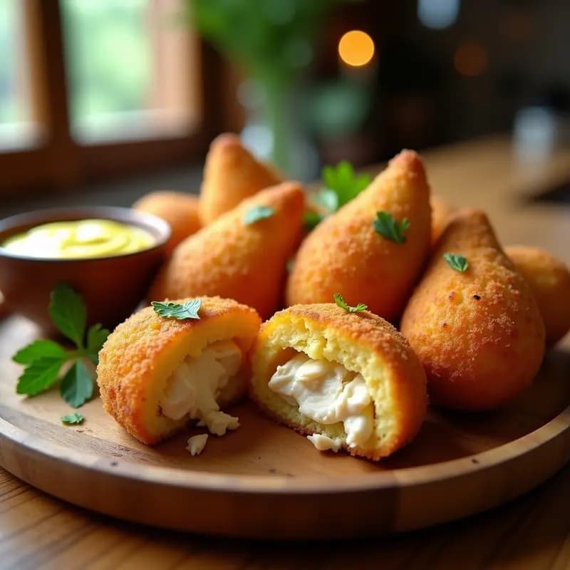 Coxinha de frango brasileña con forma de lágrima, dorada y crujiente por fuera, rellena de pollo desmenuzado y puré de yuca cremoso, servida en una fuente de madera con hojas de perejil.