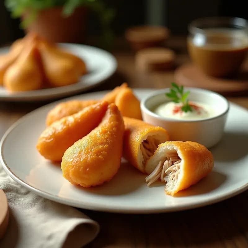 Coxinha de frango brasileña dorada y crujiente, rellena de pollo desmenuzado, servida en un plato de cerámica blanca con salsa de yogur al lado. Receta alta en proteína y sin gluten.