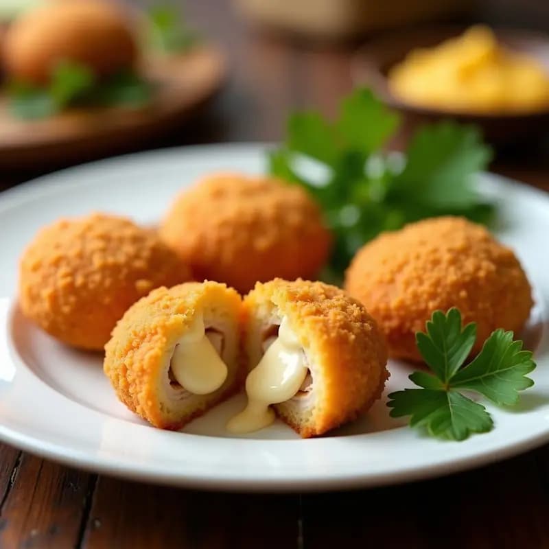 Coxinha de frango brasileña en forma de lágrima, dorada y crujiente por fuera, con relleno de pollo desmenuzado y queso Catupiry derretido asomando. Servida en una bandeja de madera con hojas de perejil y salsa de yogur al lado.