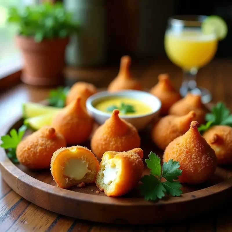 Coxinhas de frango com requeijão doradas y crujientes en una fuente de madera, con el interior visible mostrando el relleno cremoso de pollo y queso. Acompañadas de rodajas de limón y hojas de perejil fresco, receta brasileña en airfryer.