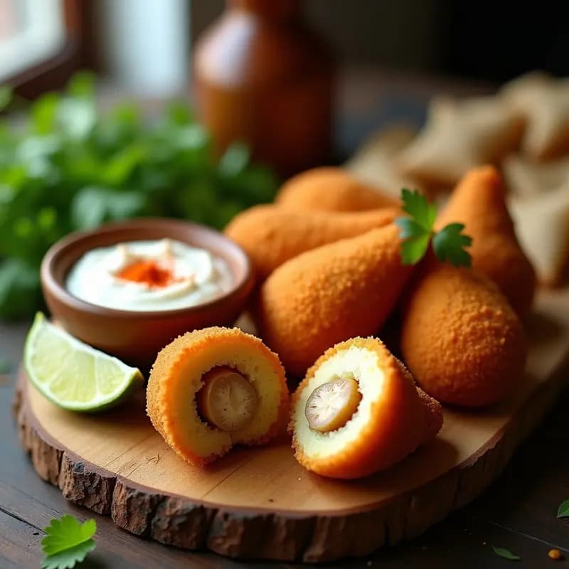 Coxinha de frango com requeijão vegano en airfryer: aperitivo brasileño crujiente con forma de lágrima, dorado por fuera y relleno de seitán desmenuzado y crema de anacardos, servido en bandeja rústica con salsa de requeijão vegano al lado.