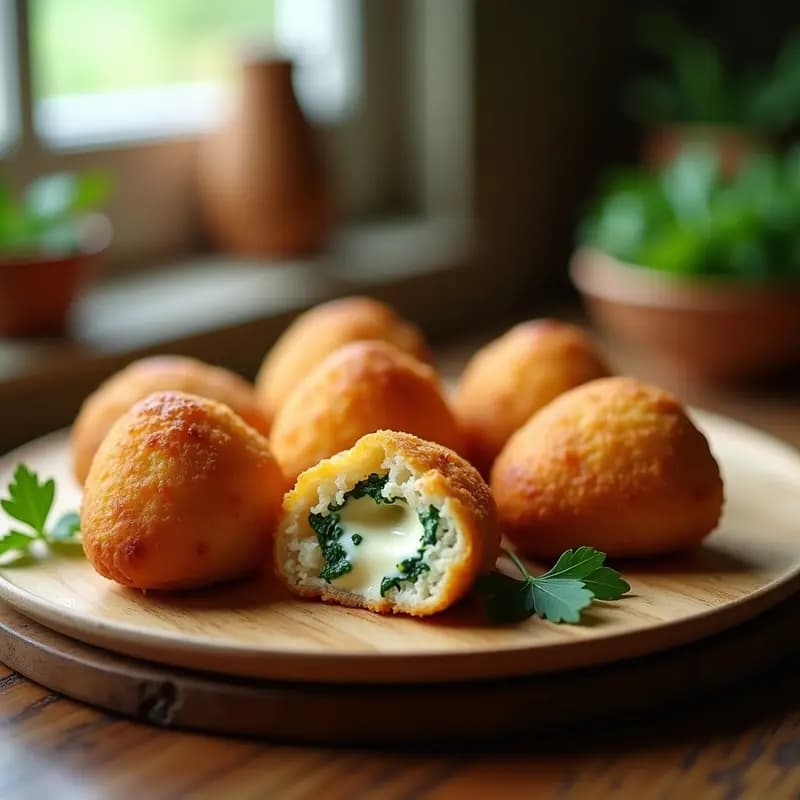 Bandeja de coxinha de frango light con relleno de requesón y espinacas, doradas y crujientes por fuera, sobre papel de horno con hierbas frescas al lado.