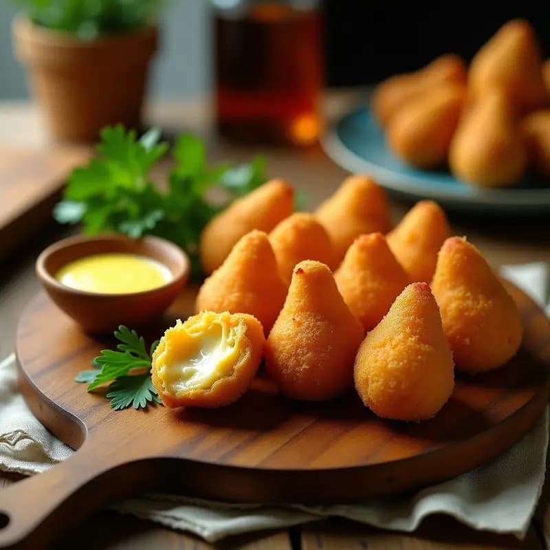 Coxinha de frango com requeijão doradas y crujientes en forma de gota, servidas en una fuente de madera con hojas de perejil fresco, receta brasileña de croquetas de pollo y queso en airfryer.