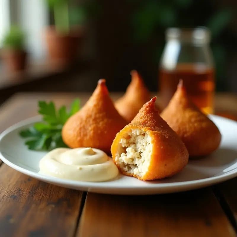 Coxinha de frango vegana dorada y crujiente con forma de lágrima, rellena de seitán desmenuzado y catupiry de anacardos, servida en plato blanco con salsa cremosa y perejil fresco.